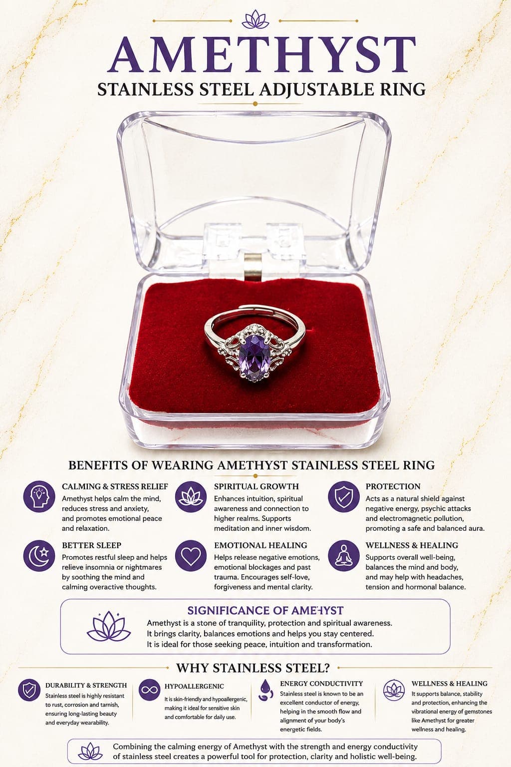 amethyst stainless steel ring oval